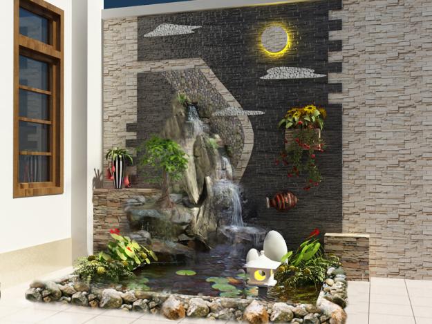 Hòn non bộ trước nhà kết hợp tranh đá ốp tường